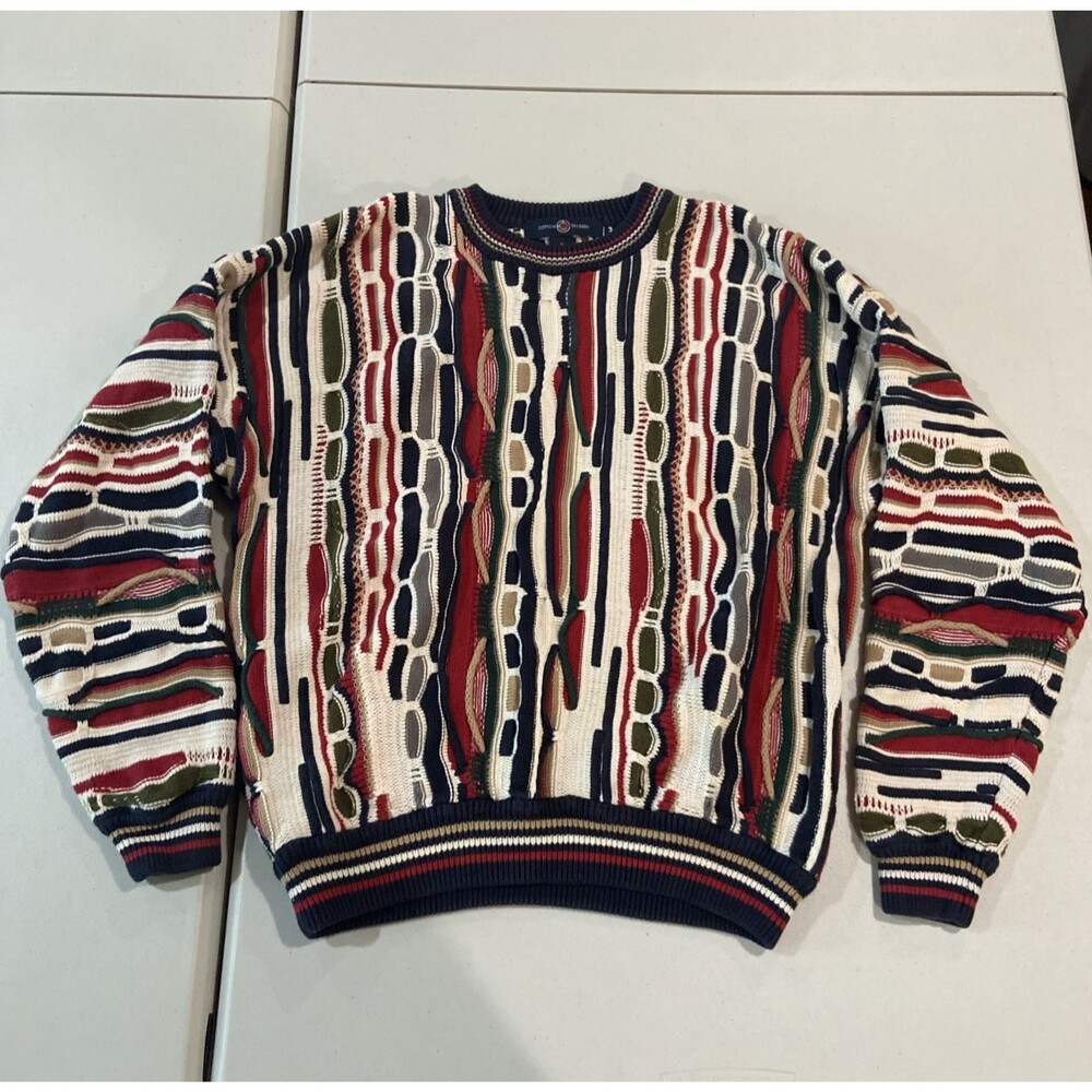 Vintage Cotton Traders 3D Knit Sweater Men's Medium Colorful Heavy Cotton 90s